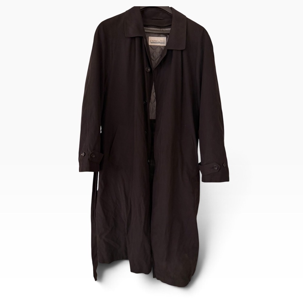 Joseph & Feiss Mens Black Trench Coat Plaid Zip Out Liner Belted Overcoat